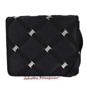 SALVATORE FERRAGAMO Vara Rhinestone Shoulder Bag Satin Leather Black 35YB247